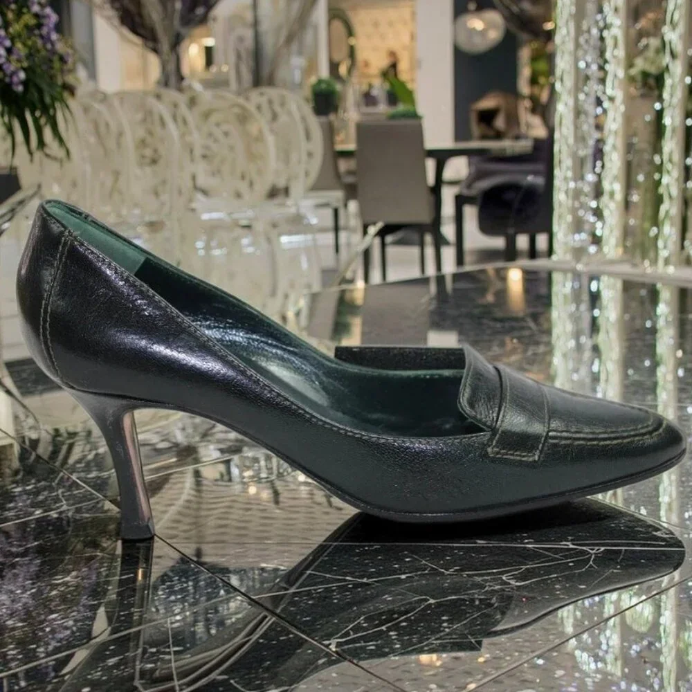 Manolo Blahnik Black Leather Preppy Loafer Pumps, Size 36.5 (US 6.5)